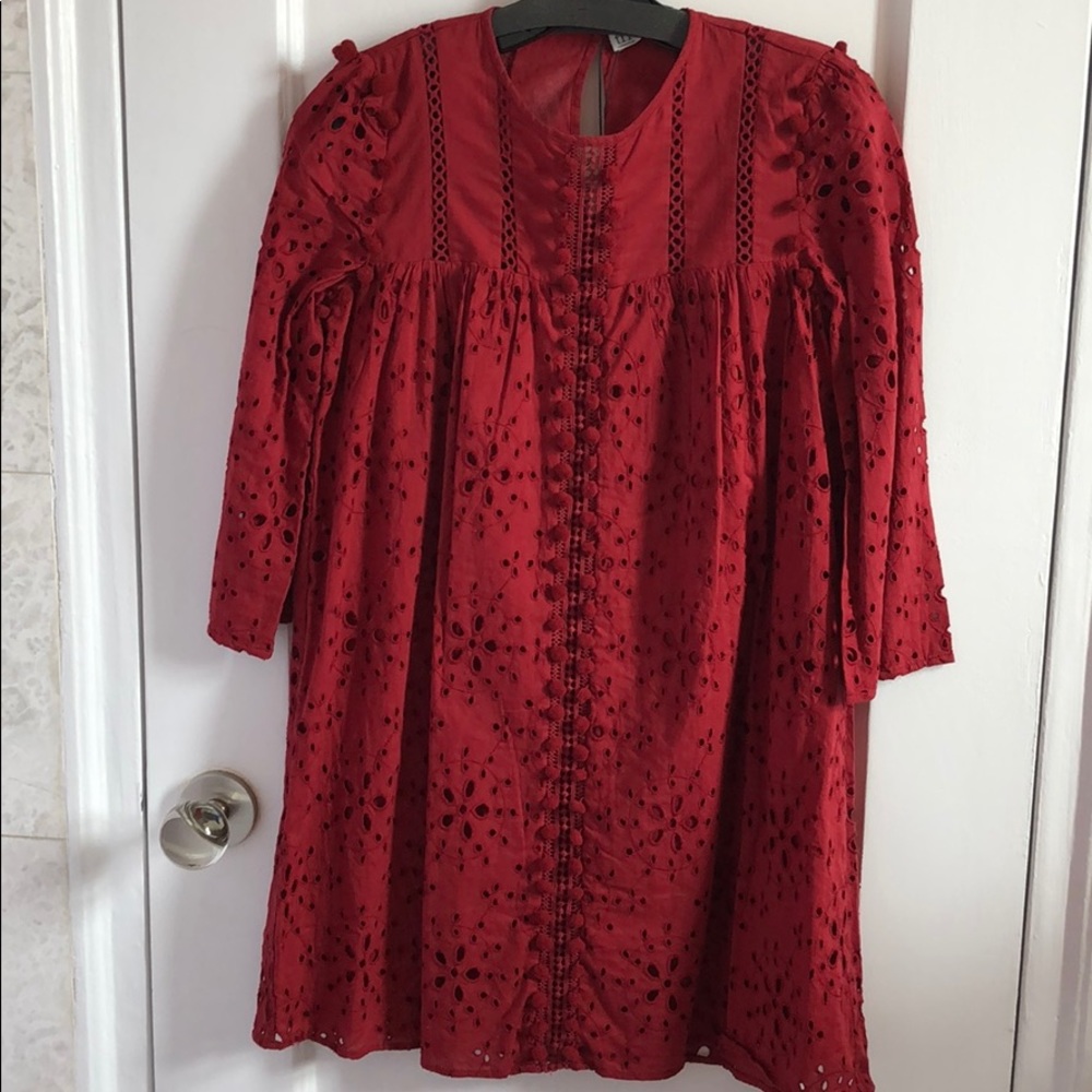 Zara 3/4 sleeve eyelet mini dress with pompoms